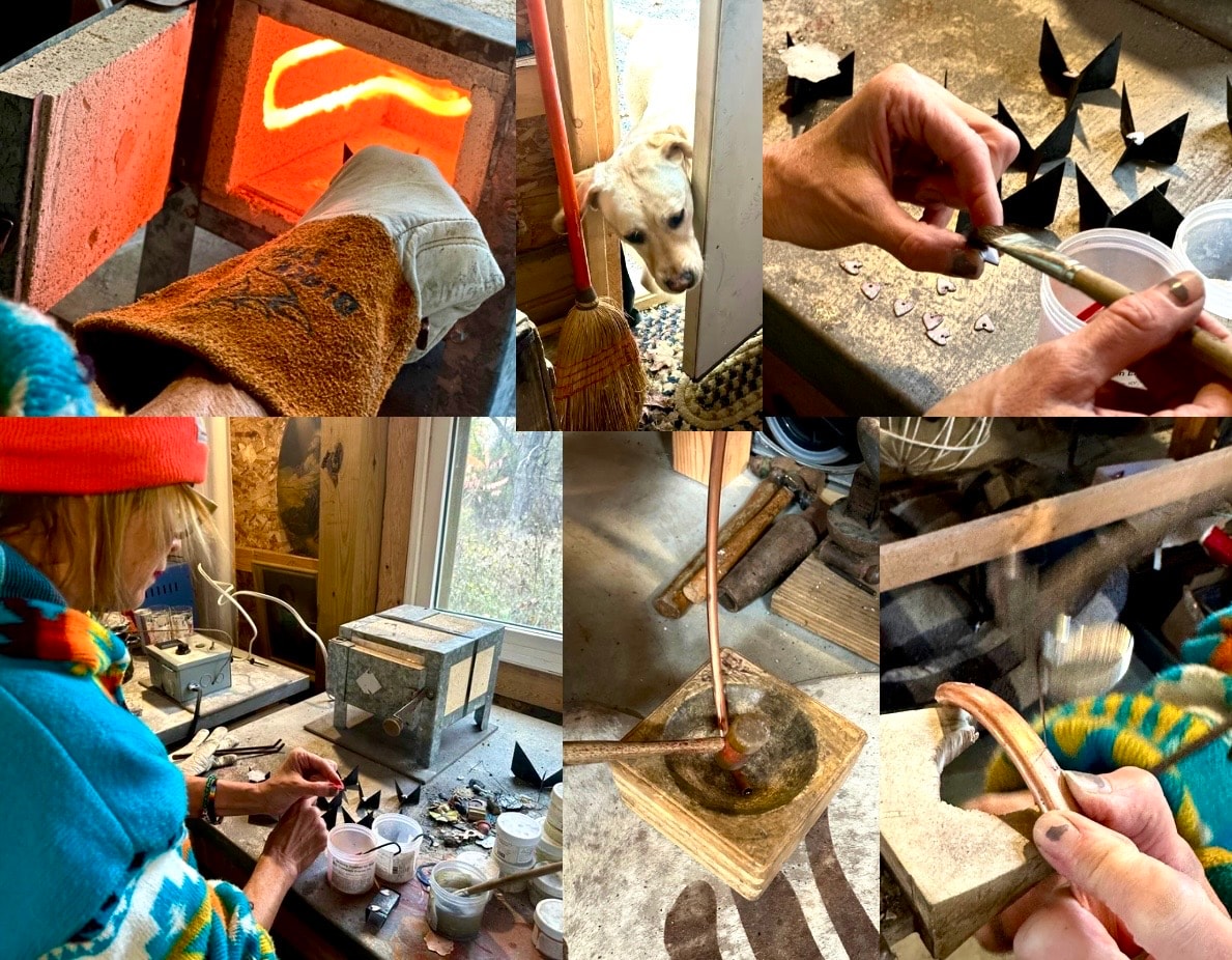 Michelle DaRin at work in her studio — kiln firing, copper forming, hand-painting
