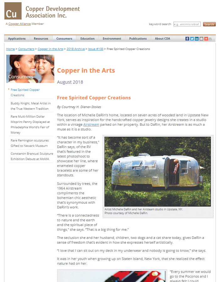 Free Spirited Copper Creations — feature on Michelle DaRin Airstream studio, August 2018